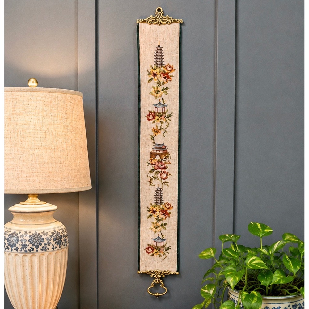 Vintage Handmade Needlepoint Bell Pull 51" Brass Hardware Pagoda Cherry Blossoms